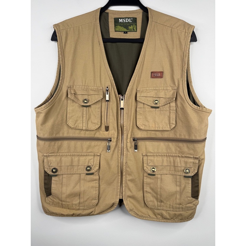 MSDL Mens XL Cotton Utility Fishing Vest Khaki Tan Multi Pocket Zip Front Safari
